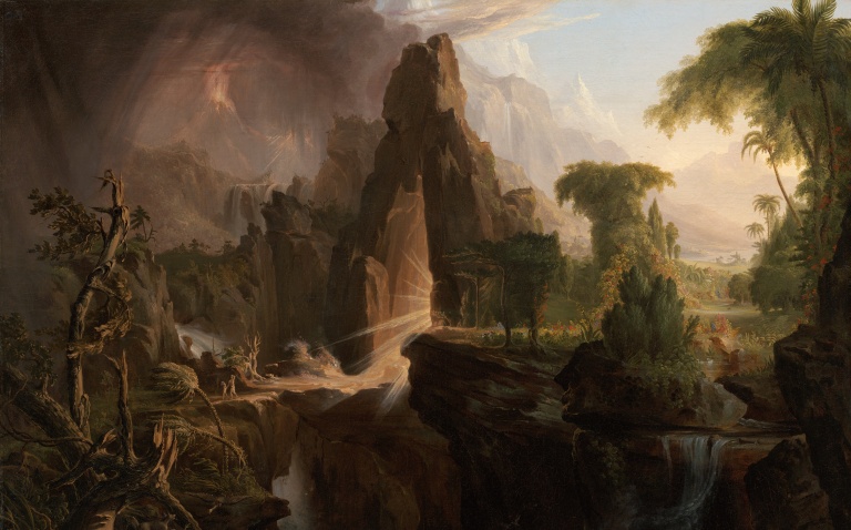adam en eva worden uit het paradijs gestuurd, geschilderd door thomas cole in 1828